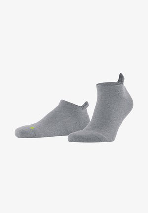 Gray ankle socks made of textured fabric, featuring a ribbed cuff and small logo accent in green on the toe area.