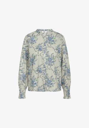 Camisa verde claro con patrones florales azules y acentos verdes, con botones en la parte frontal, y mangas largas abullonadas con puños elásticos.