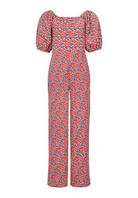 Bloemenpatroon jumpsuit in rood, blauw en wit. Heeft een vierkante hals en pofmouwen, met een rechte pijpdesign en lichtgewicht stof.