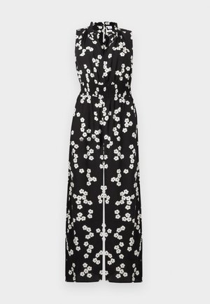 Vestido maxi preto sem mangas com padrão floral branco, cintura franzida e colarinho alto com decote em forma de chave.