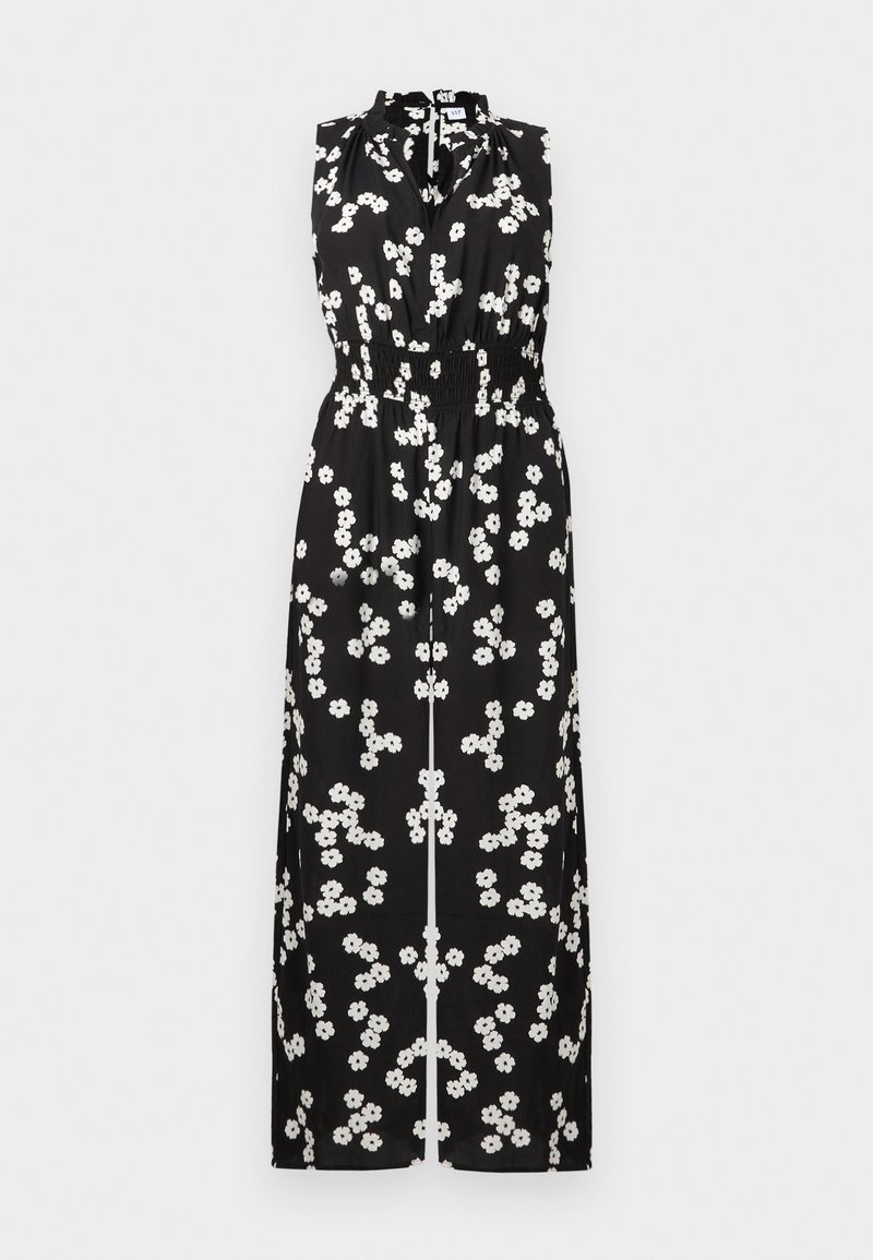Schwarzes ärmelloses Maxikleid mit weißem Blumenmuster, geraffter Taille und hohem Kragen mit schlüssellochförmigem Ausschnitt.
