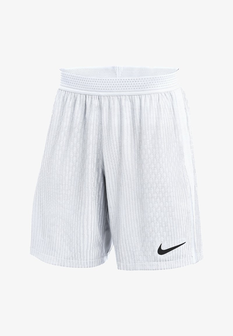 Pantaloni sportivi Nike di colore grigio chiaro con un design testurizzato e a motivi, vita elastica e logo nero accentato sulla parte inferiore della gamba sinistra.