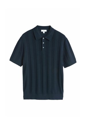 Navy short-sleeve polo shirt with a collared neckline, featuring vertical ribbed patterns and three-button placket, made of textured cotton material.