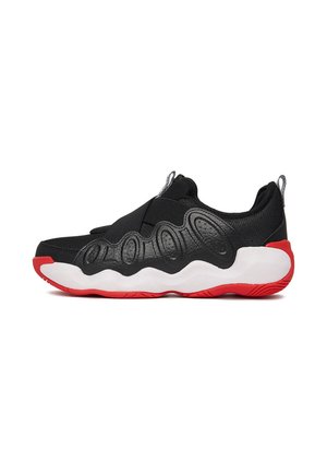 Sort sneaker med bølget sort sidedesign, hvid mellemsål og rød ydersål, vist fra siden på hvid baggrund.
