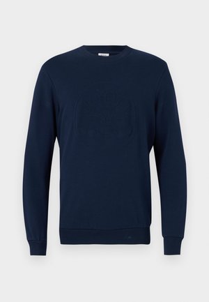 Sudadera azul marino en mezcla de algodón, con cuello redondo de canalé, mangas largas, puños y dobladillo acanalados, y un dise�ño de logo en relieve en la parte frontal.
