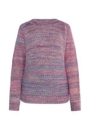 Mehrfarbiger Strickpullover in rosa, lila und blauen Farbtönen mit langen Ärmeln sowie gerippten Bündchen und Kragen, auf einem weißen Hintergrund präsentiert.