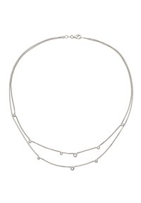 Silberne mehrlagige Halskette mit zwei filigranen Ketten, die jeweils gleichmäßig mit runden Kristallakzenten verziert sind.