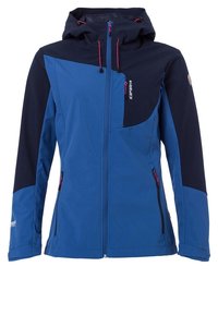 Veste softshell pour femme en bleu et marine avec capuche, fermeture éclair frontale, deux poches latérales zippées, et cordons de serrage ainsi que curseurs de fermeture éclair roses.