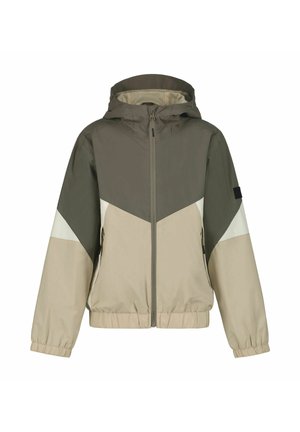 Veste légère à capuche en beige, vert foncé et blanc. Présente un motif en chevrons, des poignets élastiques et une fermeture éclair avant.