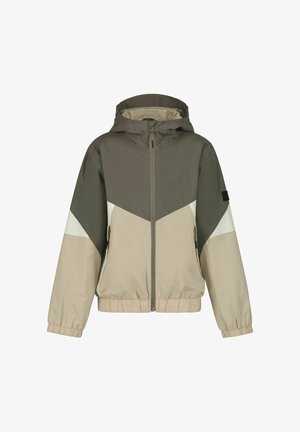 Lichtgewicht jas met kap in beige, donkergroen en wit. Heeft een chevronpatroon, elastische boorden en een ritssluiting aan de voorkant.