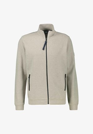 Jasnoszara kurtka zapinana na zamek błyskawiczny z stójką, teksturowana tkanina, dwa boczne kieszenie z czarnymi zamkami oraz prążkowane ściągacze przy mankietach i dolnym brzegu.