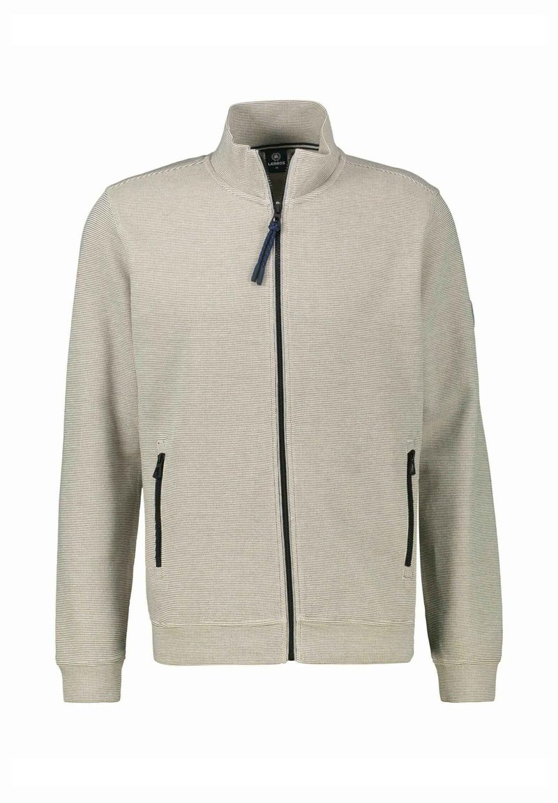Lichtgrijze zip-up jack met een staande kraag, gestructureerde stof, twee zijzakken met zwarte ritssluitingen, en ribbels bij de manchetten en onderkant.