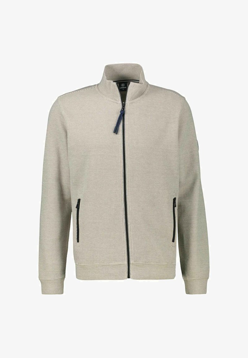Helle graue Zip-Jacke mit Stehkragen, strukturiertem Stoff, zwei seitlichen Taschen mit schwarzen Reißverschlüssen sowie gerippten Bündchen und Saum.
