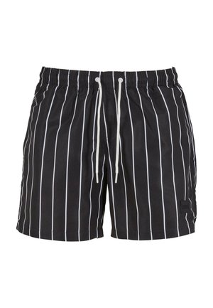 Schwarze Badeshorts mit weißen vertikalen Streifen, elastischem Bund, Kordelzugverschluss und einem kleinen Logopatch auf der unteren Vorderseite.