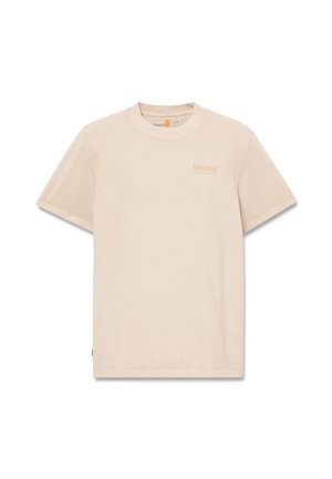 T-shirt beige Timberland à manches courtes, col rond et logo discret sur le côté gauche de la poitrine, taille M.