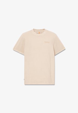 T-shirt beige Timberland à manches courtes, col rond et logo discret sur le côté gauche de la poitrine, taille M.