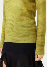 Olivgrön tröja med vågm�önster, ribbade manschetter och mjuk textur, tillsammans med en svart genomskinlig kjol med lager av volanger.