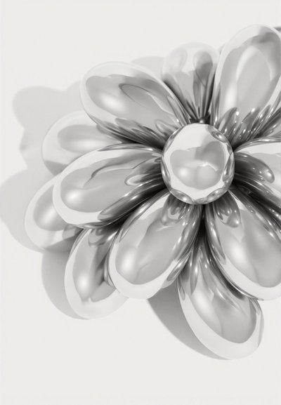 Ασημένιο ανθισμένο γλυπτό που διαθέτει σχήματα σαν πέταλα με γυαλιστερό φινίρισμα, κεντρικό στρογγυλεμένο στοιχείο και ομαλές, αντανακλαστικές επιφάνειες.