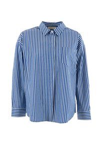 Camisa de manga larga a rayas azul y blanca con cuello abotonado, un bolsillo en el pecho y un corte relajado. Presenta una tela texturizada.
