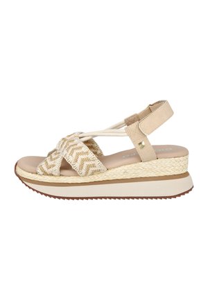 Sandalia de plataforma beige con tiras tejidas, cierre en el tobillo y suela texturizada, diseñada para un uso casual en verano.