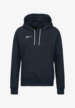 Navy blue hoodie with a white Nike logo, drawstrings, front kangaroo pocket, and ribbed cuffs and hem. Soft fabric, relaxed fit.
