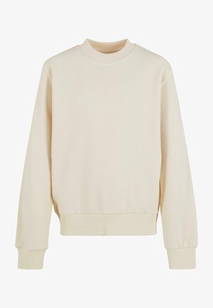 Cremefarbener Kapuzenpullover aus weichem Stoff, mit langen Ärmeln, einem Rundhalsausschnitt und gerippten Abschlüssen an den Ärmeln und dem Saum.