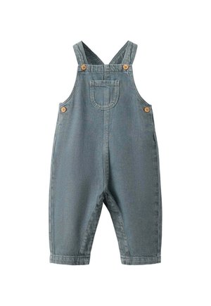 Salopette en denim pour tout-petits avec bretelles réglables et boutons en bois, avec une petite poche poitrine et des boutons sur les côtés.