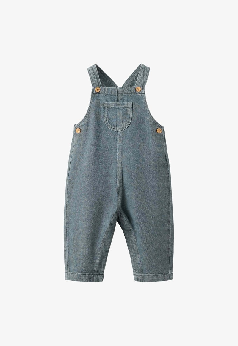 Salopette en denim pour tout-petits avec bretelles réglables et boutons en bois, avec une petite poche poitrine et des boutons sur les côtés.