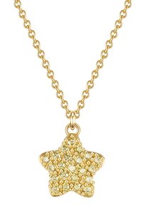 Zelta zvaigžņu kaklarota ar teksturētu zvaigžņu piekariņu, rotātu ar maziem, apaļiem dzelteniem dārgakmeņiem, kas karājas no saistītas zelta ķēdes.