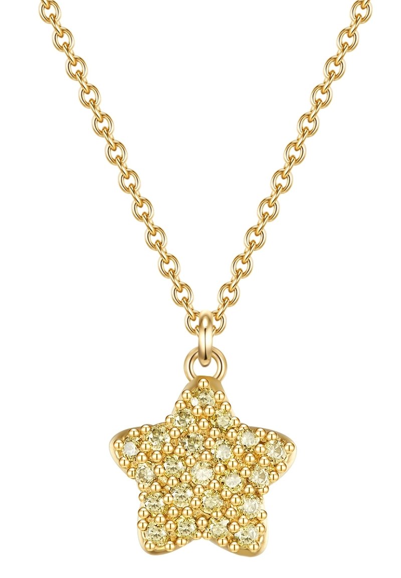 Zelta zvaigžņu kaklarota ar teksturētu zvaigžņu piekariņu, rotātu ar maziem, apaļiem dzelteniem dārgakmeņiem, kas karājas no saistītas zelta ķēdes.