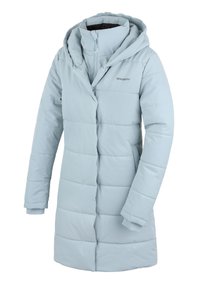 Light blue padded coat with a hood, featuring a front zipper and two side pockets. The fabric appears smooth with a quilted design.