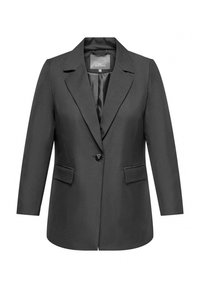 Črn, krojen blazer z okroglim ovratnikom, zapiranjem na en gumb in dvema sprednjima žepoma. Gladka tkanina z satenskim finišom.