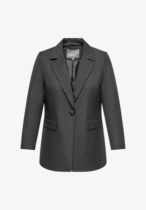 Mustat, räätälöidyt bleiserit, joissa on sakotettu kaula-aukko, yksittäinen nappikiinnitys ja kaksi etutaskua. Sileä kangas, jossa on satiinipinta.