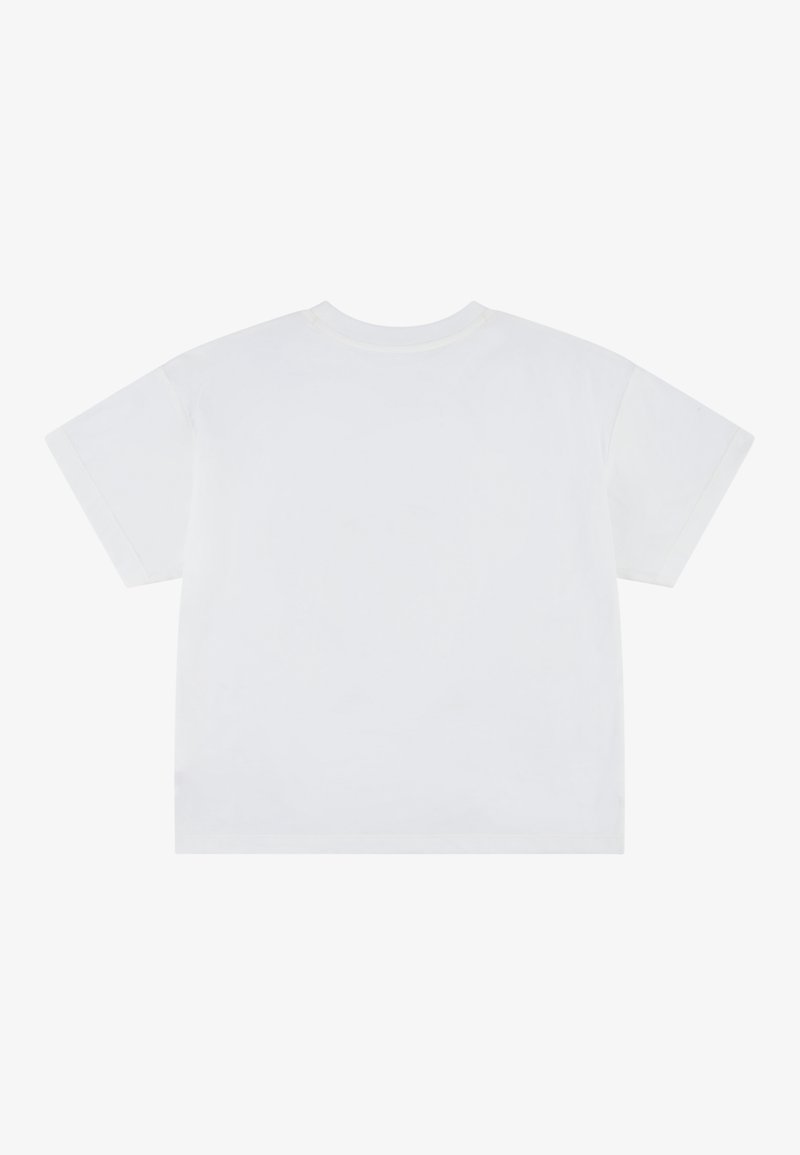 Camiseta de algodón blanca, de manga corta, cuello redondo, corte relajado, textura suave, sin diseño ni detalles visibles en la parte trasera.