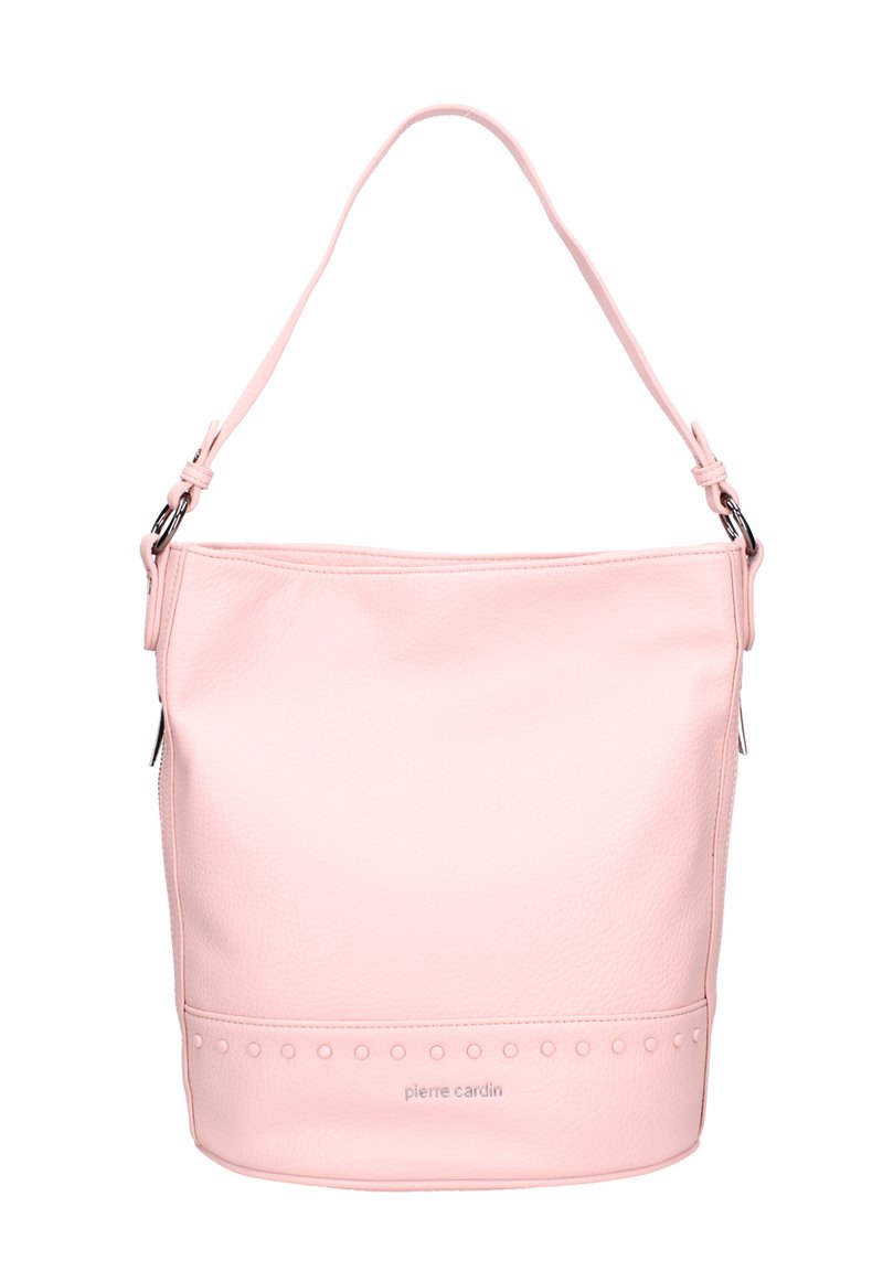 Borsa a secchiello in pelle rosa con texture liscia, tracolla regolabile e borchie decorative lungo il bordo inferiore. Logo impresso sul davanti.