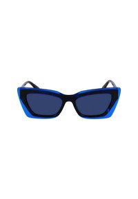 Ochelari de soare tip pisică cu un cadru îndrăzneț, în două tonuri de albastru și negru. Lentile întunecate, formă unghiulară și finisaj lucios neted.