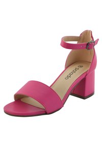 Rosa Absatzsandale mit einem breiten Vorderriemen, einem Knöchelriemen mit Schnalle und einem Blockabsatz. Aus glattem synthetischem Material mit matter Oberfläche.