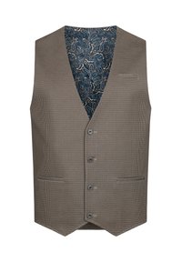 Braun-beige kariertes Weste mit V-Ausschnitt, fünf Knöpfen und zwei vorderen Taschen. Das Innere hat ein blaues Paisley-Muster-Futter.