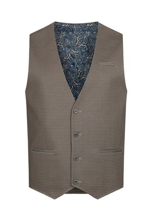 Brown and beige checked vest with a V-neck, five button closure, and two front pockets. Inside features a blue paisley patterned lining.