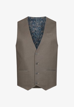 Bruin en beige geruite vest met een V-hals, vijf knoopsluitingen en twee voorzakken. De binnenkant heeft een blauwe paisleypatroon voering.