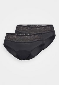 Black high-waisted underwear set with lace trim and decorative accents, featuring a smooth texture and elastic waistband. Two pieces included.