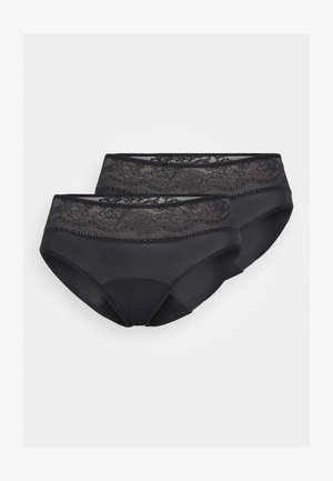 Black high-waisted underwear set with lace trim and decorative accents, featuring a smooth texture and elastic waistband. Two pieces included.