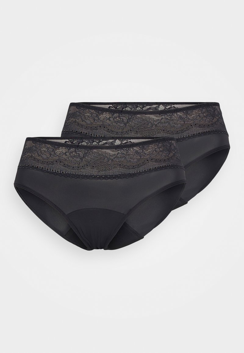 Black high-waisted underwear set with lace trim and decorative accents, featuring a smooth texture and elastic waistband. Two pieces included.