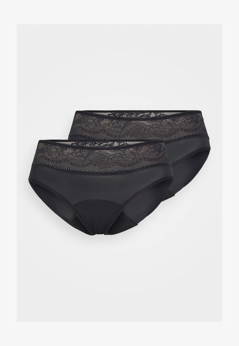 Conjunto de underwear preto de cintura alta com acabamento em renda e detalhes decorativos, apresentando uma textura suave e uma cintura elástica. Inclui duas peças.