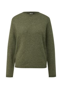 Groene trui met een ronde halslijn, geribbelde manchetten en een geribbelde onderrand. Textuur gebreid patroon en subtiele steekdetails in het midden.