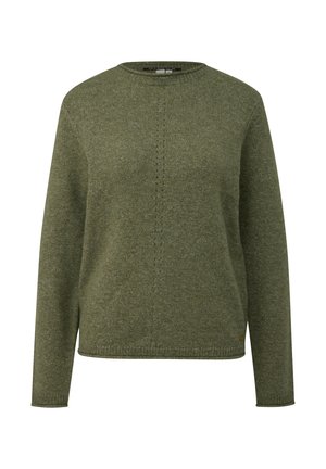 Grüner Pullover mit runder Halsausschnitt, gerippten Bündchen und Saum. Strukturiertes Strickmuster und subtile Stichdetails entlang der Mitte.