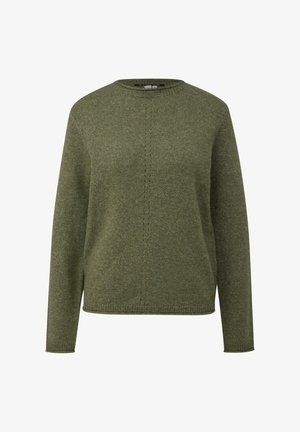 Pull vert avec un col rond, des poignets et un ourlet côtelés. Motif tricoté texturé et détail de couture subtil au centre.