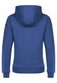 Zila kapuce ar plašu kapuci, garām piedurknēm un ribinātiem aprocēm. Izgatavota no mīksta auduma, ar vienkāršu tekstūru un bez redzamas zīmola atpazīšanas.