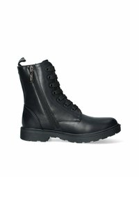 Stivali alla caviglia neri in pelle con lacci e cerniera laterale. Suola in gomma testurizzata e finitura liscia, caratterizzati da cuciture rinforzate.