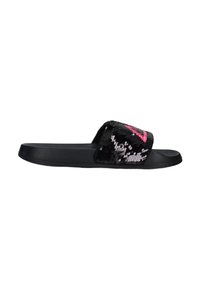 Infradito neri con una fascia di paillettes lucide che presenta un motivo geometrico rosa. Suola piatta, leggero ed design casual.